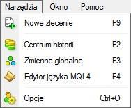 Zakładka Narzędzia Zakładka Okno Zawiera takie okna jak: Nowe Zlecenie, Centrum Historii czy Opcje (pozwala na