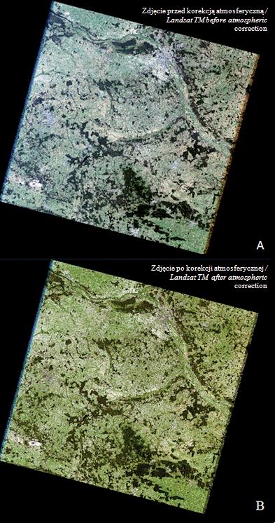 The MODIS and Landsat TM scenes against a background of borders of Poland and Masovian Voivodeship rozdzielczości uzyskano równy podział piksela MODIS na 100 mniejszych pikseli zdjęcia Landsat.