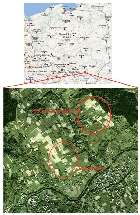 32 Anna Jarocińska Ryc. 1. Teren badań zlewnia Bystrzanki. Źródło: Google- Earth, GoogleMaps Fig. 1. Area of interest Bystrzanka catchement (GoogleEarth, GoogleMaps) testowych, gdzie dokonano pomiarów, trzy z nich na terenie Taborówki, cztery w dolinie Bystrzanki.