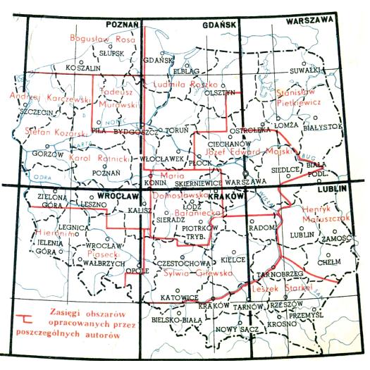 Cyfrowa mapa geomorfologiczna Karpat 55 Ryc. 1. Mapa Geomorfologicznaa Polski. Schematyczny podział na arkusze i zasięgi obszarów opracowanych przez poszczególnych autorów. Fig. 1. Geomorphological Map of Poland.