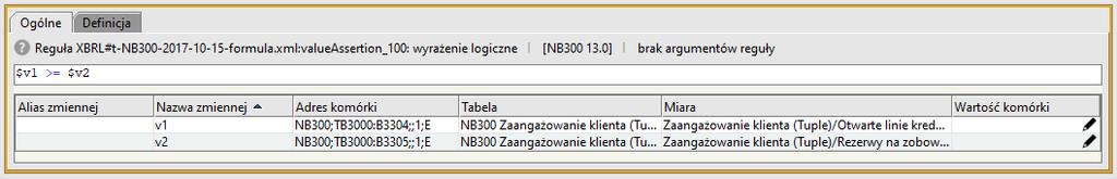 $v1 = B3302 Gwarancyjne (wartość nominalna) $v2 = B3303 Rezerwy na zobowiązania gwarancyjne Czyli: B3302 >= B3303 Reguła ta występuje we wszystkich powyżej zaprezentowanych komórkach tabeli