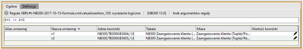 $v1 >= $v2 $v1 = B3602 Ekspozycje bilansowe (wartość bilansowa brutto ), Normalne $v2 = B3603 Rezerwy celowe Czyli: B3602 >= B3603 Reguła ta występuje we wszystkich powyżej zaprezentowanych komórkach