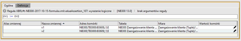 $v1 >= $v2 $v1 = B3606 Ekspozycje bilansowe (wartość bilansowa brutto ), Poniżej standardu $v2 = B3607 Rezerwy celowe Czyli: B3606 >= B3607 Reguła ta występuje we wszystkich powyżej zaprezentowanych