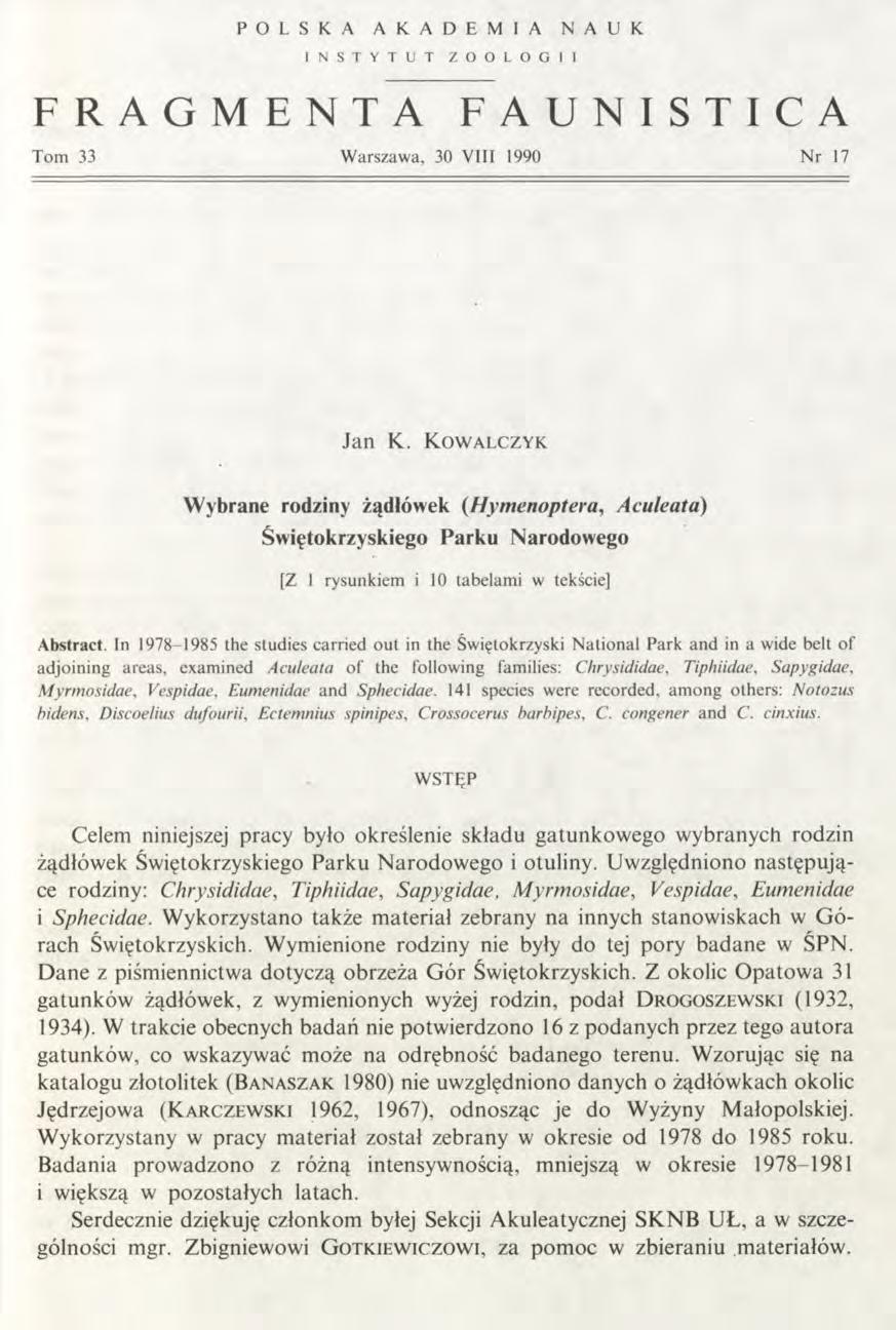 P O L S K A A K A D E M I A N A U K I N S T Y T U T Z O O L O G I I FRAGMENTA FAUNISTICA Tom 33 W arszawa, 30 VIII 1990 N r 17 Jan K.