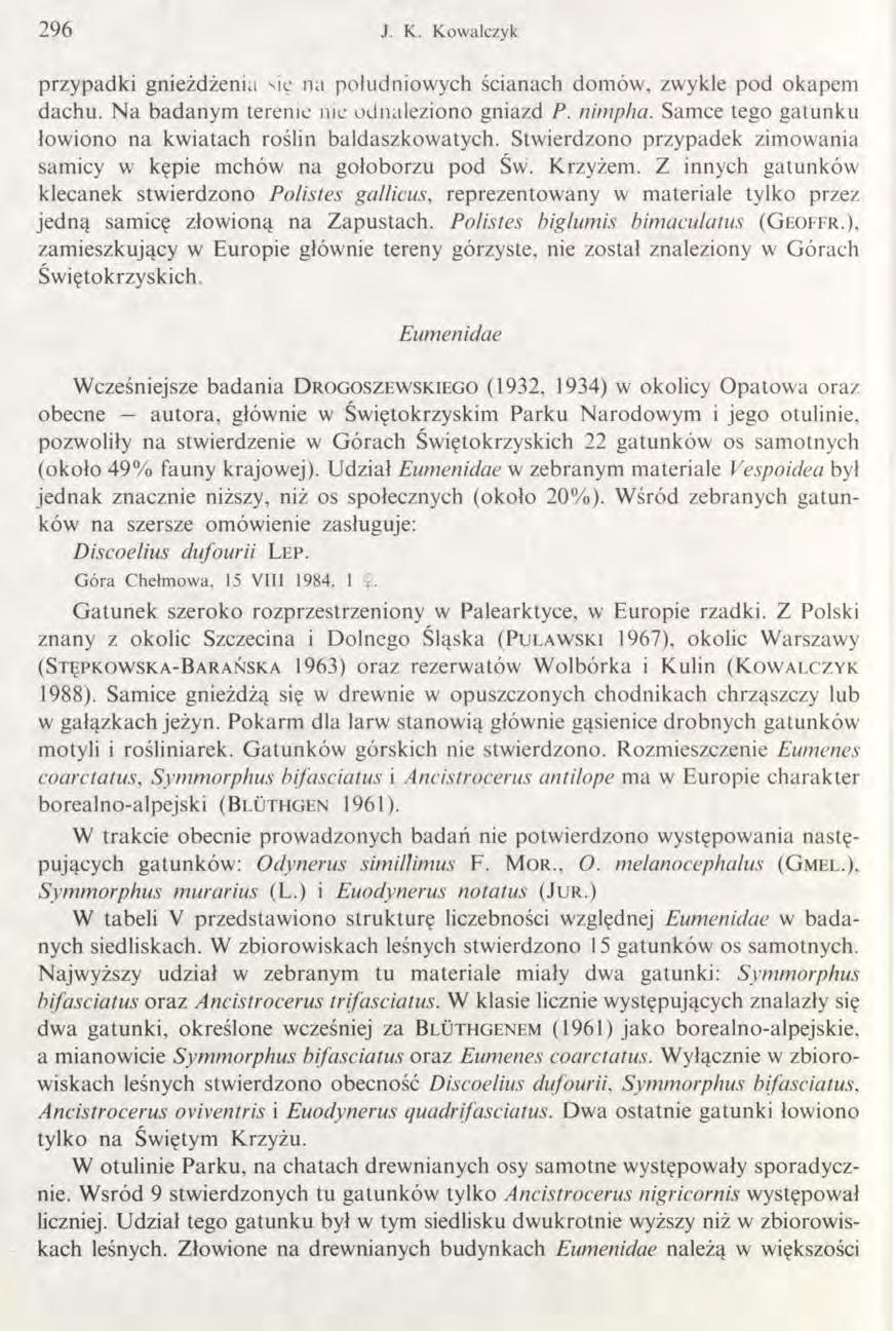 296 J. K. K ow alczyk przypadki gnieżdżenia się na południowych ścianach domów, zwykle pod okapem dachu. Na badanym terenie nic odnaleziono gniazd P. nimpha.