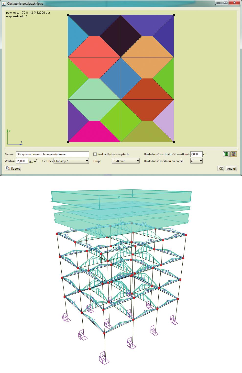 E04 ZIELONE STRONY 7 5 Rozkład obciążenia Użytkowego na poszczególne pręty i kondygnacje 6 Model konstrukcji szkieletowej z przyłożonymi wszystkimi obciążeniami 3.