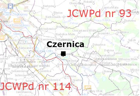Rysunek 10.Lokalizacja gminy Czernica względem JCWPd nr 93 źródło: Państwowa Służba Hydrogeologiczna. Informacje na jego temat znajdują się w poniższej tabeli. Tabela 19.