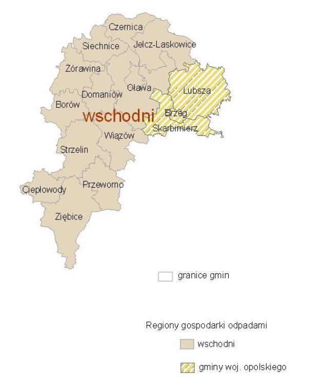 Gmina Czernica znajduje się we Wschodnim Regionie Gospodarki Odpadami. Poniżej przedstawiono położenie gminy Czernica w granicach regionu. Rysunek 17.