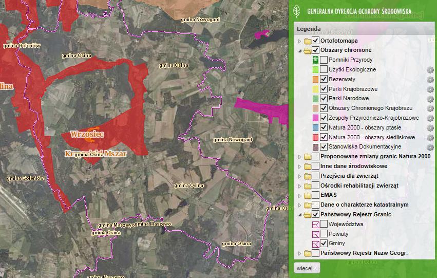 Rysunek 2. Formy ochrony przyrody na terenie Gminy Osina Źródło: http://geoserwis.gdos.gov.pl/mapy/ Problemem w sferze środowiskowej są zanieczyszczenia wód.