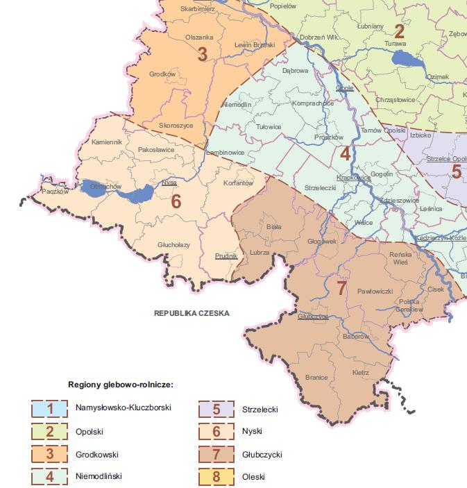 Rysunek 13 Mapa z regionami glebowo rolniczymi Źródło: Warunki przyrodnicze produkcji rolnej woj. opolskie, Insyu Uprawy, Nawożenia i Gleboznawswa w uławach, Puławy 1987