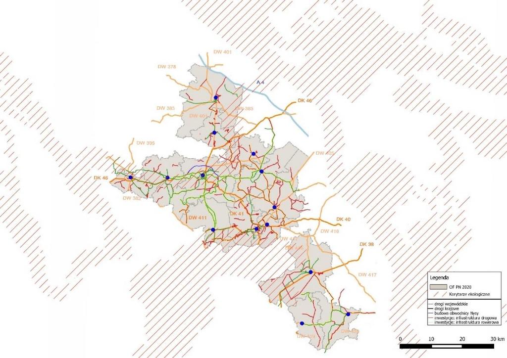 Rysunek 18 Mapa z głównymi koryarzami ekologicznymi i obszarami węzłowymi Źródło: Opracowanie własne. 4.11.
