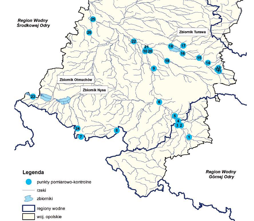 Rysunek 8 Mapa przekroi pomiarowo konrolnych monioringu wód powierzchniowych w 214 r. Źródło: WIOŚ.