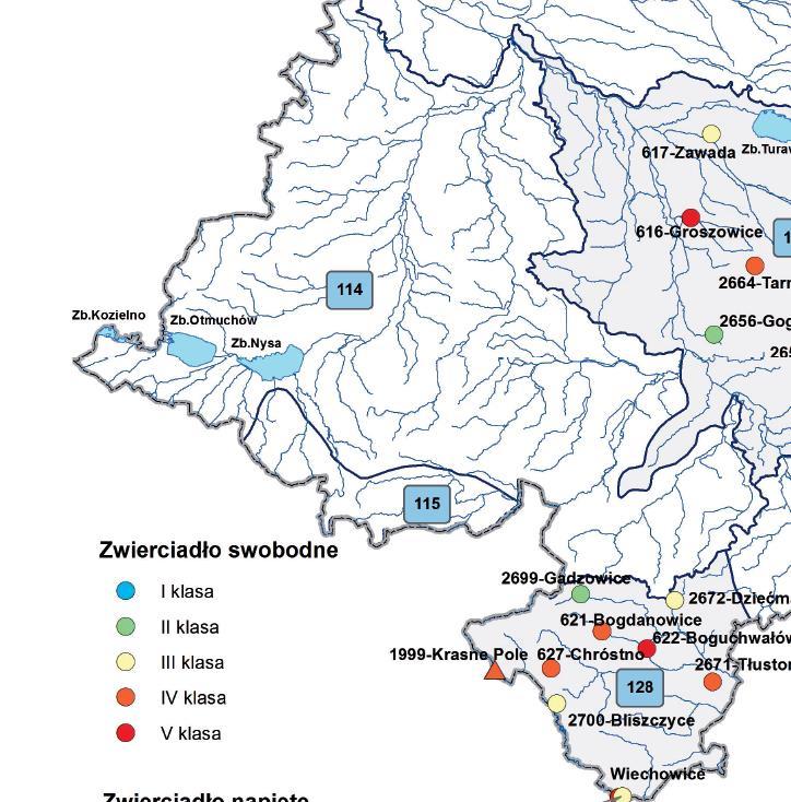 Rysunek 9 Mapa sieci pomiarowej z wynikami klasyfikacji wód podziemnych w punkach