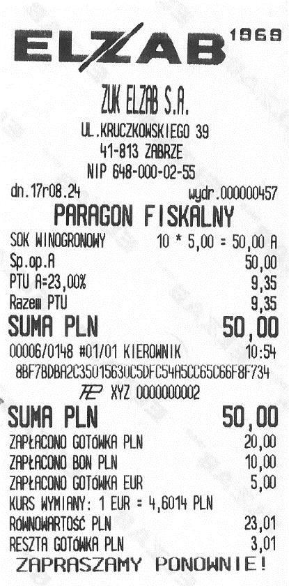 Paragon z zapłatą w różnych walutach oraz formach płatności Częściowa zapłata gotówką PLN - 20 PLN