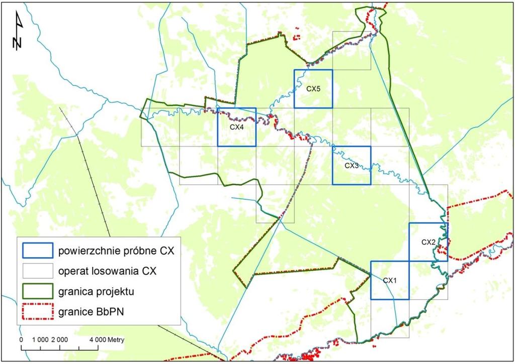 Ryc. 1. Monitoring derkacza w ramach projektu Renaturyzacja II LIFE PL (LIFE13 NAT/PL/000050) - rozmieszczenie operatu losowania oraz powierzchni próbnych w 2015 r.