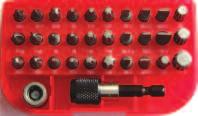 1/ 4 x 25mm sześciokątne bity wkrętakowe: Krzyżakowe: Nr 1, Nr 2, Nr 3. Pozidriv: Nr 1, Nr 2, Nr 3. Torx: T5, T6, T7, T8, T9, T10, T15,T20, T25, T27, T30, T40. Płaskie (Slotted): 3.5, 4.5, 5.5, 6.