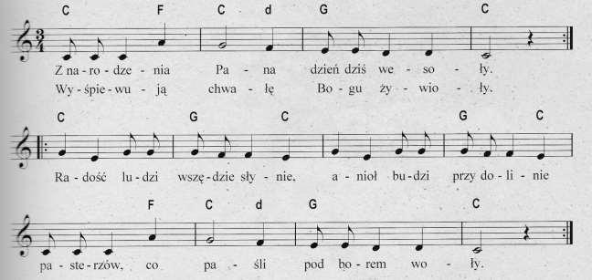 Z narodzenia Pana dzień dziś wesoły, Wyśpiewują chwałę Bogu żywioły! Radość ludzi wszędy słynie, Anioł budzi przy dolinie Pasterzów, co paśli pod borem woły! Wypada wśród nocy ogień z obłoku!