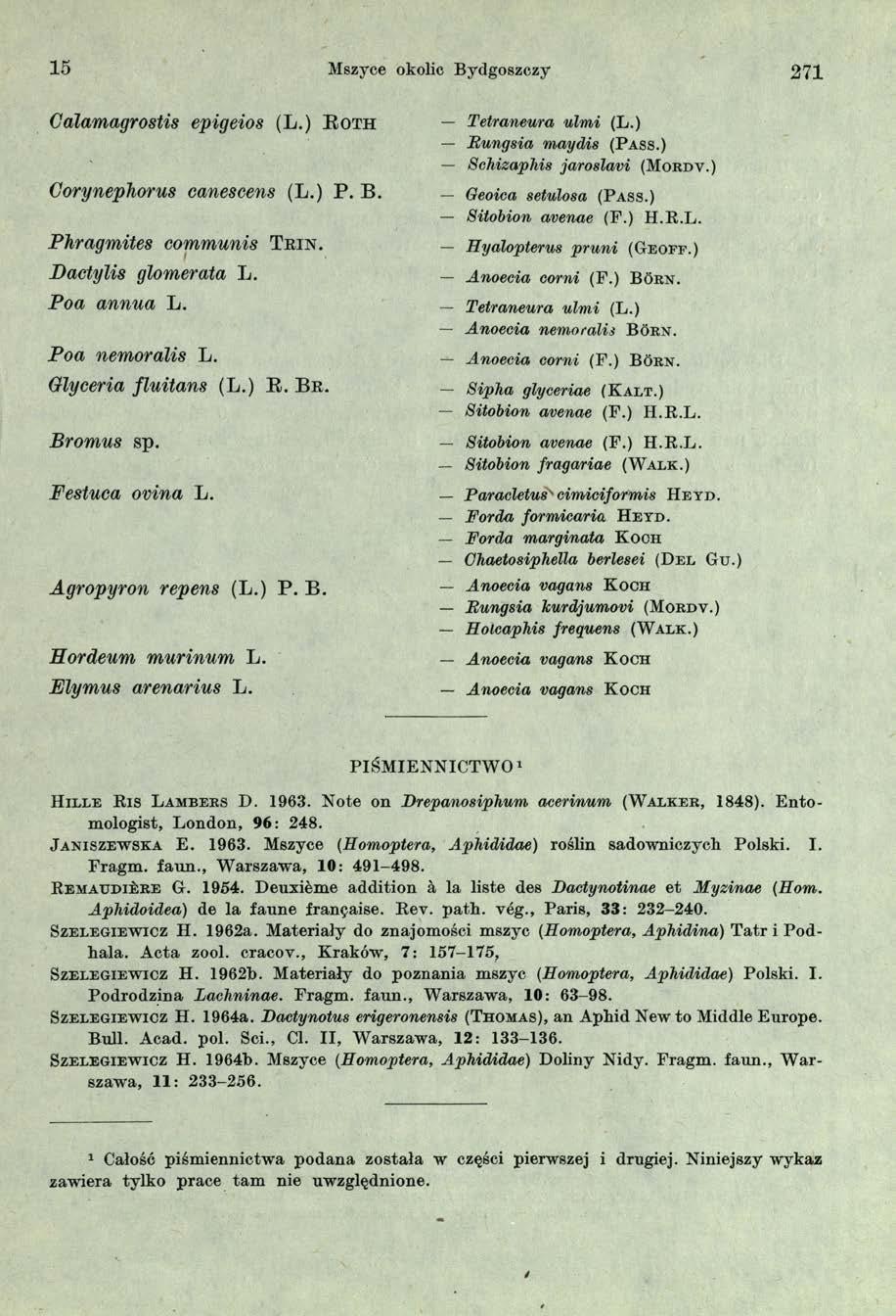 15 Mszyce okolic Bydgoszczy 271 Galamagrostis epigeios ( L.) R o th Gorynephorus canescens (L.) P. B. Phragmites communis T e i n. Dactylis glomerata L. Poa annua L. Poa nemoralis L.