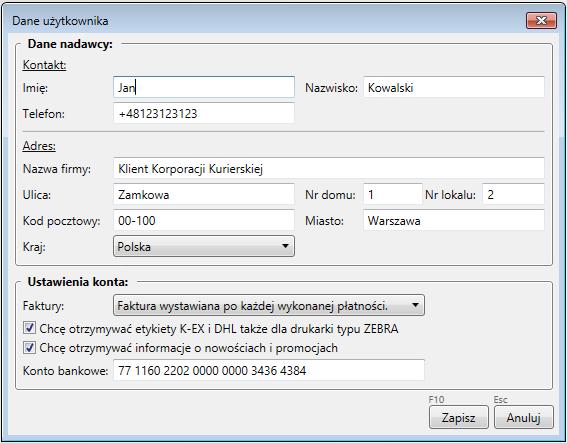 Dane użytkownika: W tym oknie można edytować dane użytkownika takie jak dane teleadresowe do wysyłki oraz ustawienia konta dotyczące sposobu
