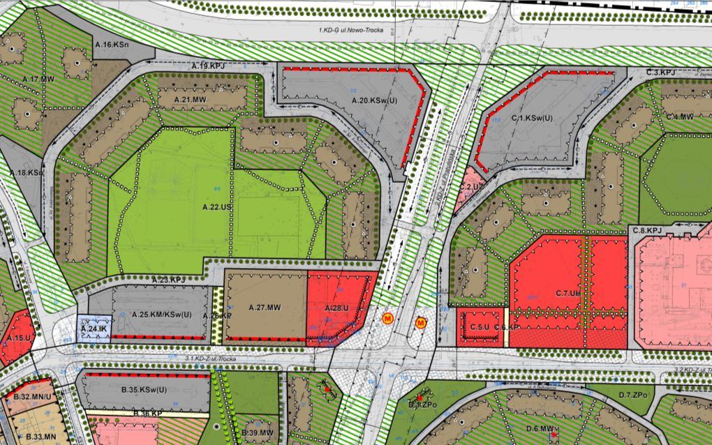 Rys. 9 Rysunki koncepcji planu fragment obejmujący część środkową w rejonie skrzyżowania ulic Trockiej z Pratulińską WI WII W środkowej części planu w bliskim sąsiedztwie realizowanej stacji metra