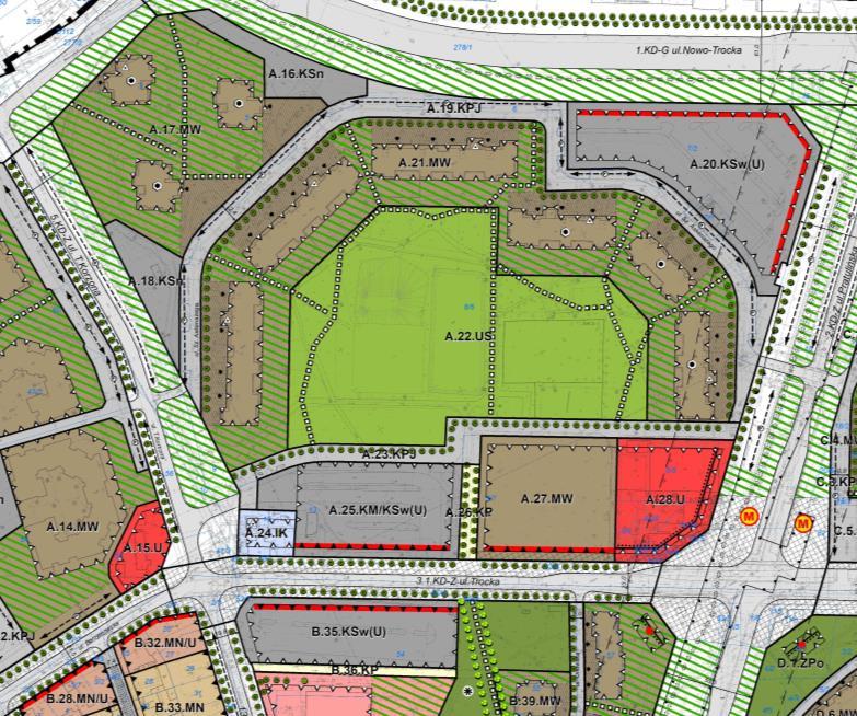 Rys. 12 Rysunki koncepcji planu fragment obejmujący część środkową pomiędzy ulicami Nowo- Trocką i Trocką WI WII W pobliżu istniejących terenów mieszkaniowych przy ul.