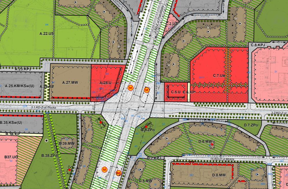 Rys. 13 Rysunek koncepcji planu fragment obejmujący część środkową w rejonie skrzyżowania ulic Trockiej z Pratulińską WI WII W środkowej części obszaru zaproponowano jeden z rejonów koncentracji
