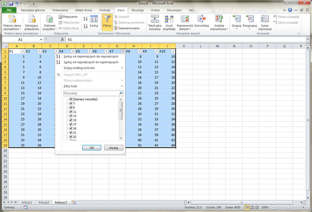 Filtrowanie w Excel