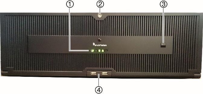 Rysunek 2: Panel przedni rejestratora TVN 71 1 Diody LED stanu: Zasilanie: świecące stale ZIELONE światło wskazuje, że rejestrator działa prawidłowo. Światło CZERWONE oznacza uszkodzenie.