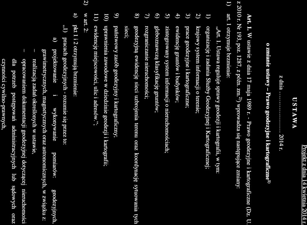 opracowaniem USTAWA Projekt z dnia 14 kwietnia 2014 r. zdnia 2014r. o zmianie ustawy Prawo geodezyjne i kartograficzne 1 Art. 1. W ustawie z dnia 17 maja 1989 r.