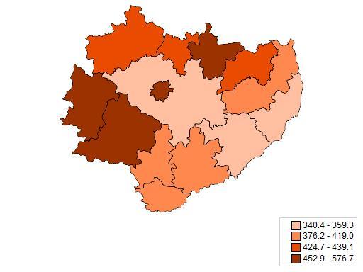 Mapa 3. Rozkład geograficzny zachorowalności mężczyzn na nowotwory złośliwe ogółem w powiatach województwa świętokrzyskiego w 2015 roku. i surowe Map 3.