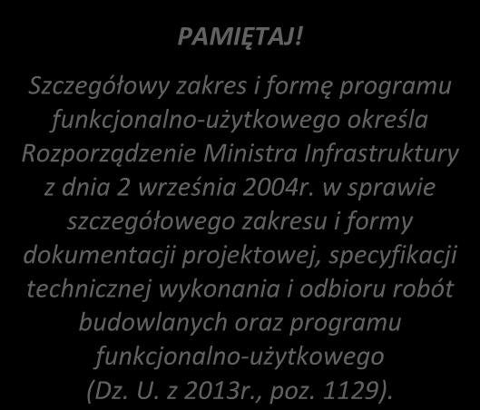 PAMIĘTAJ! Szczegółowy zakres i formę programu funkcjonalno-użytkowego określa Rozporządzenie Ministra Infrastruktury z dnia 2 września 2004r.