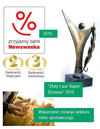 Nagrody Bank BGŻ BNP Paribas jest laureatem nagród w Rankingu Newsweek a 2015* zajmując 2. miejsce w kategorii głównej Przyjazny Bank bankowość tradycyjna" oraz 3.