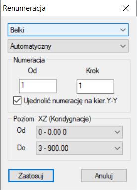 Aby ustawić automatyczną numerację kliknij Zastosuj, natomiast dla opcji Przez wybór kontynuuj kolejno wybierając elementy do renumeracji.