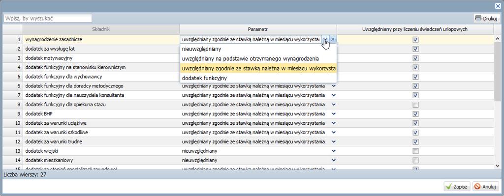 sposób. Dane te wprowadza administrator aplikacji poprzez modyfikację domyślnych parametrów naliczeniowych składników. Ustawienie parametrów naliczeniowych 1.