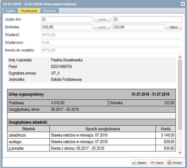 Płace VULCAN. Jak rozliczać urlopy wypoczynkowe nauczycieli? 7/8 Obliczenia 1. Wynagrodzenie zasadnicze: 3149 zł 2. Wysługa: 3149 x 0,15 = 629,80[zł] 3.