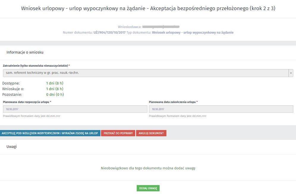 3. Nie wyrazić zgody na urlop wypoczynkowy i usunąć wniosek poprzez kliknięcie ANULUJ DOKUMENT system poprosi przełożonego o podanie przyczyny usunięcia dokumentu, działanie przycisku opisane zostało