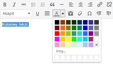Aby zmienić kolor tekstu, należy: zaznaczyć wybrany fragment tekstu w edytorze, a następnie kliknąć strzałkę obok przycisku zmiany koloru tekstu, wybrać jeden z predefiniowanych kolorów lub kliknąć