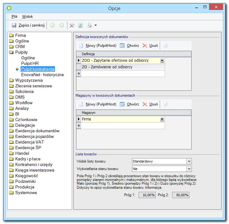 Znaczenie parametrów jest następujące: Okno konfiguracji Pulpitu kontrahenta Definicje tworzonych dokumentów lista definicji dokumentów, które mogą być tworzone i edytowane przez użytkownika Pulpitu.