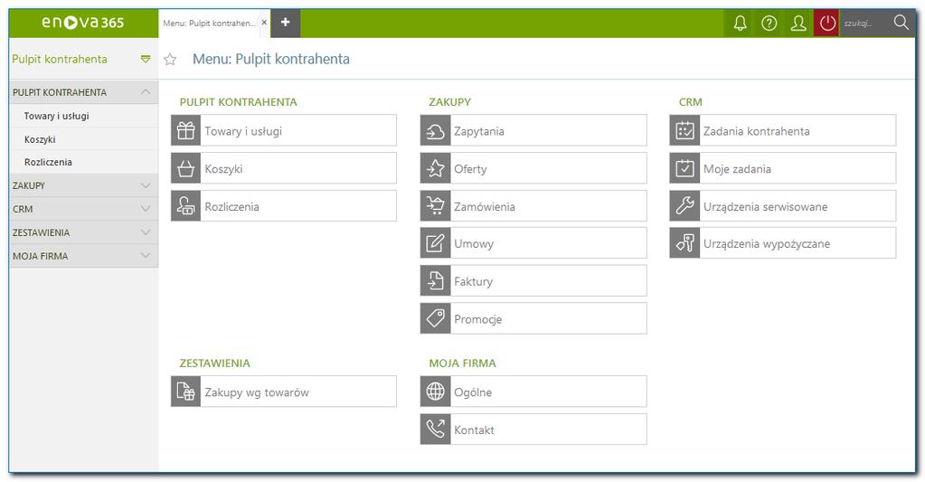 Menu główne Pulpitu kontrahenta dla operatora z rolą " Pulpit kontrahenta - Klient" Poniżej przedstawiono wygląd menu głównego dla użytkownika, który pracuje w charakterze dostawcy (z folderem