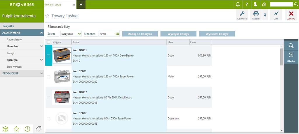 Na liście towarów dostępne są następujące opcje i czynności: Widok listy towarów Przełączenie listy w tryb z panelem grup po lewej stronie, poprzez kliknięcie w ikonę etykiety w dolnej części lewego