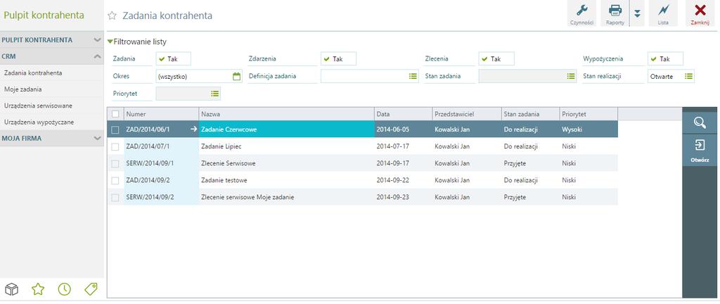 CRM - Lista Pulpit kontrahenta / CRM / Zadania kontrahenta Lista zadania kontrahenta przedstawia wszystkie zadania przypisane do kontrahenta, którego zalogowany operator jest przedstawicielem.