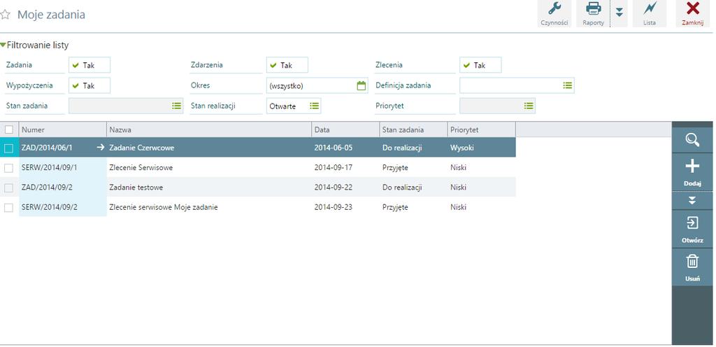Moje zadania - Lista Lista moje zadania posiada standardowy zestaw filtrów umożliwiający wyszukanie pozycji wg następujących kryteriów: Rodzaj zadania - pozwala na wybranie rodzaju definicji jakie