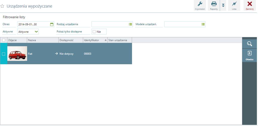 Urządzenia wypożyczane - Lista Lista urządzeń jest wyposażona standardowo w pasek selekcji (zestaw filtrów) umożliwiający wyszukanie pozycji po filtrach: Okres pozwala na wybranie zakresu dat w