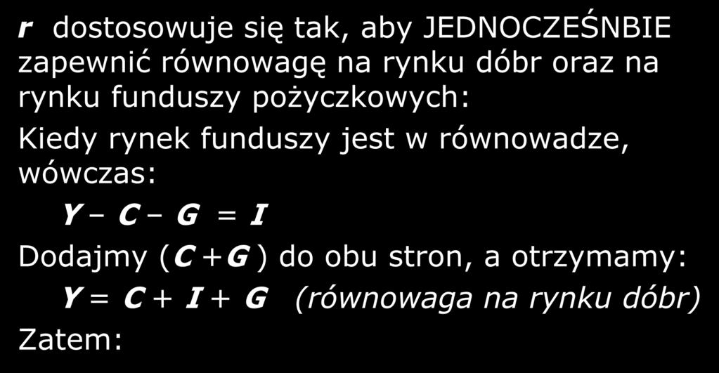 Szczególna rola r r dostosowuje się tak, aby JEDNOCZEŚNBIE zapewnić równowagę na rynku dóbr oraz na rynku funduszy pożyczkowych: Kiedy rynek funduszy jest w