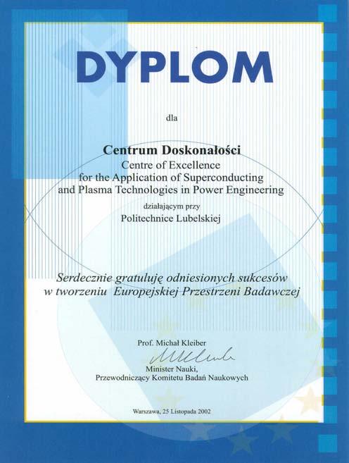 Certificate for the Centre of Excellence ASPPECT awarded at Warsaw Conference