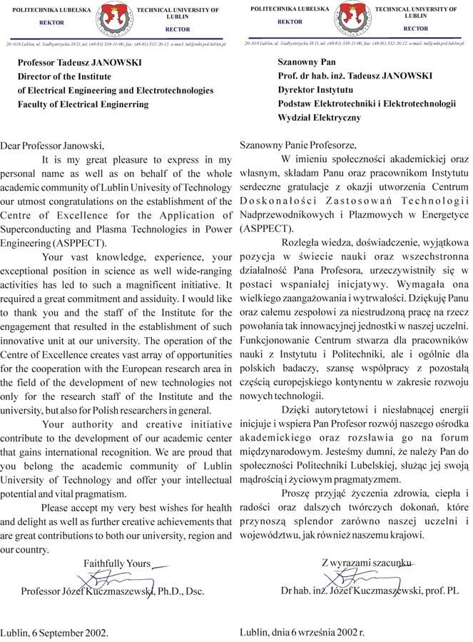 The letter of the Rector of Lublin University