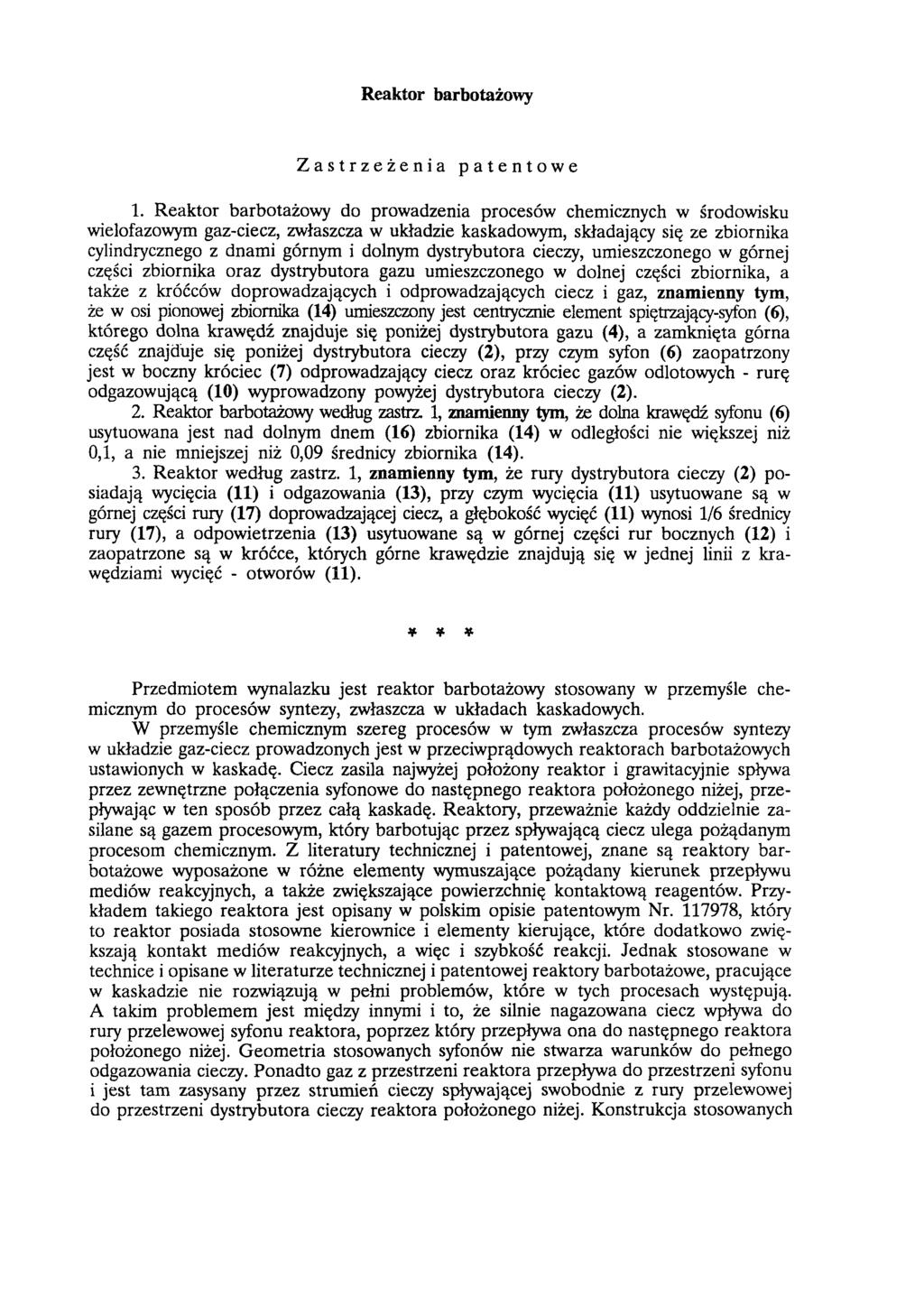 R eaktor barbotażow y Zastrzeżenia patentowe 1.