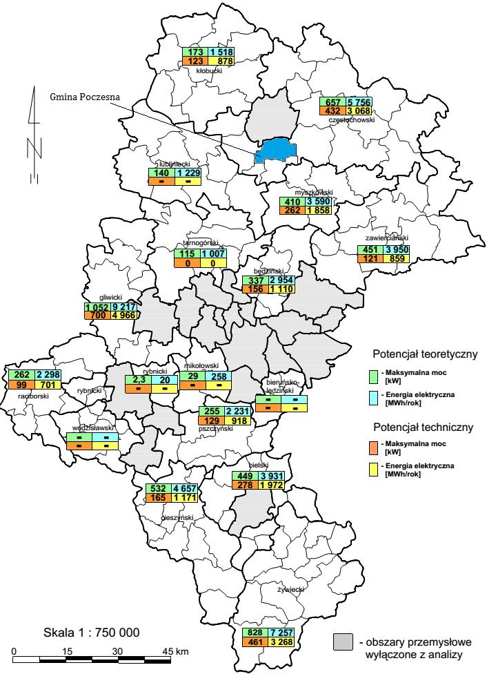 Rysunek 14. Potencjał teoretyczny oraz techniczny energii cieków wodnych w województwie śląskim.