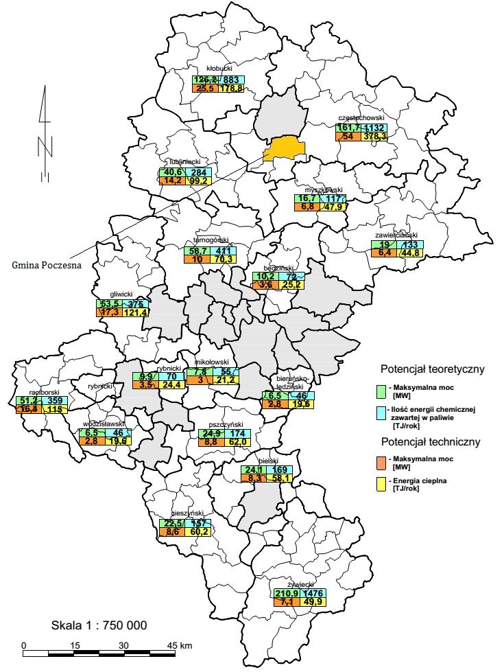 Rysunek 18. Potencjał techniczny i teoretyczny możliwego do pozyskania słomy w województwie śląskim.