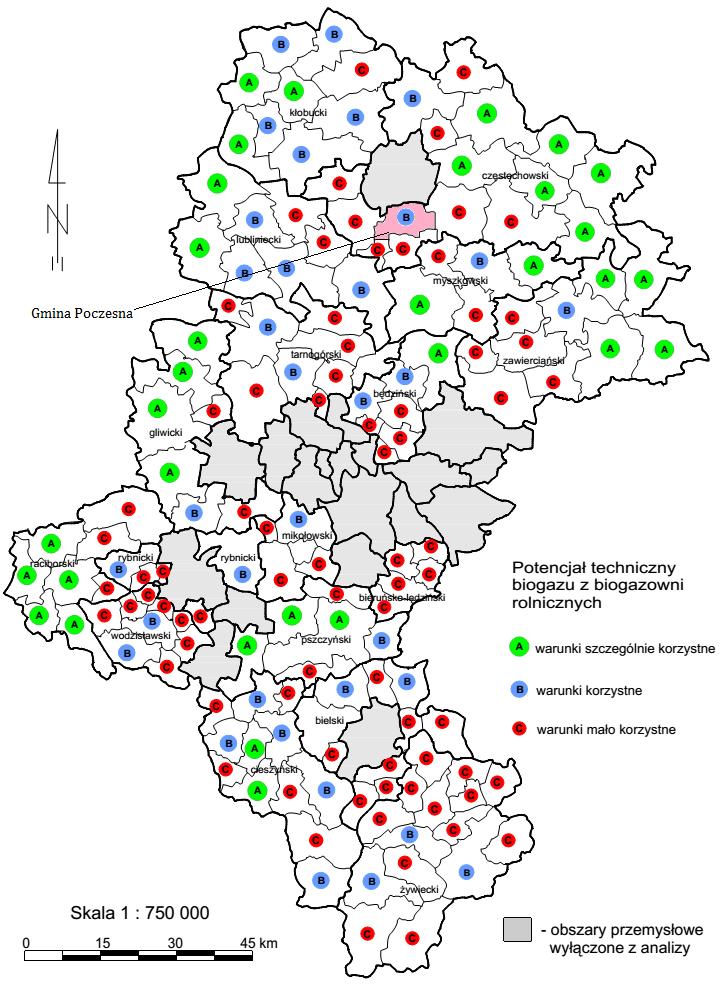 Rysunek 20. Klasyfikacja gmin województwa śląskiego ze względu na potencjał techniczny biogazu z biogazowni rolniczych.